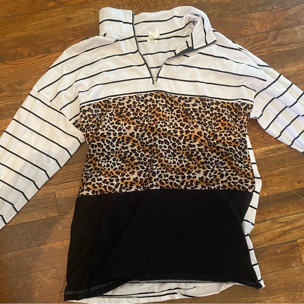 RUDE White and Black Striped Kids Hoodie with Leopard Print